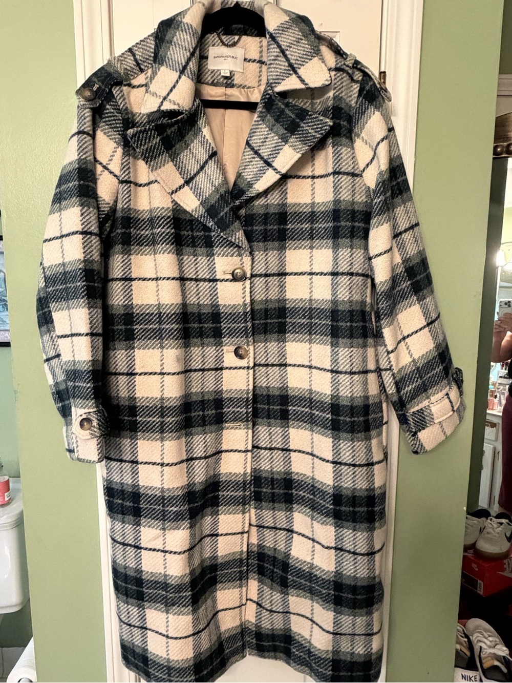 Banana Republic Cream & Green Plaid womens Pea Coat